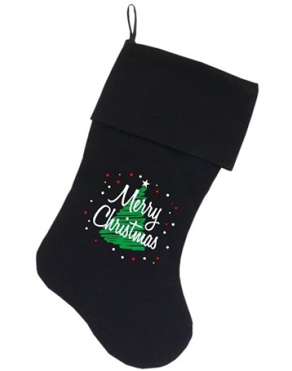 Scribbled Merry Christmas Screen Print 18 inch Velvet Christmas Stocking Black