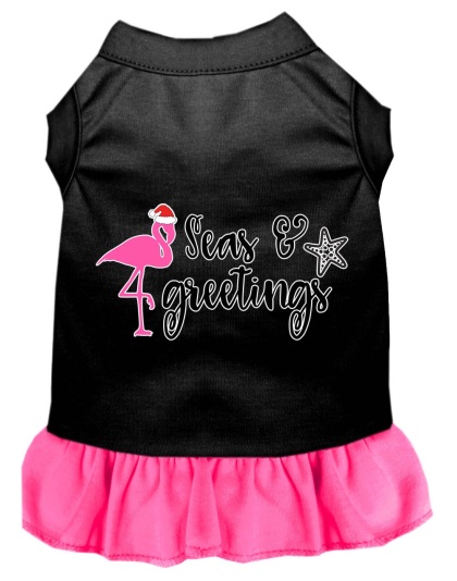 Seas and Greetings Screen Print Dog Dress Black with Bright Pink Lg