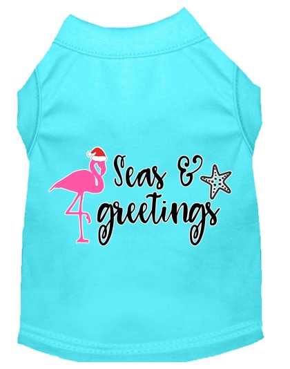 Seas and Greetings Screen Print Dog Shirt Aqua Lg