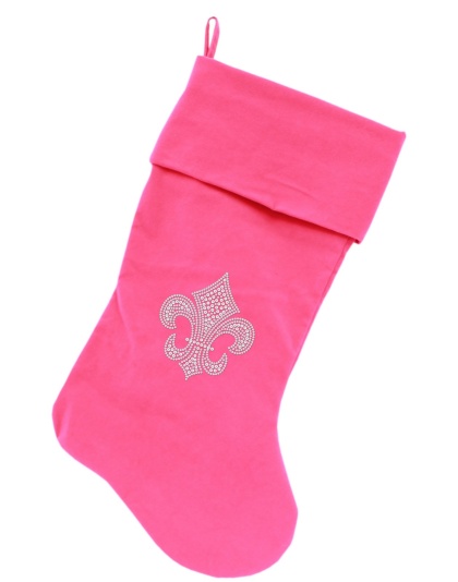 Silver Fleur De Lis Rhinestone 18 inch Velvet Christmas Stocking Pink