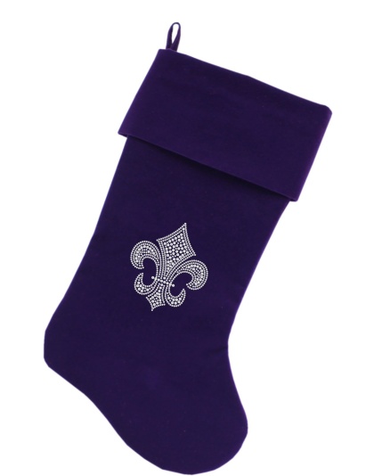Silver Fleur De Lis Rhinestone 18 inch Velvet Christmas Stocking Purple