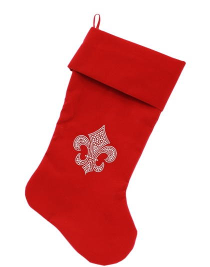 Silver Fleur De Lis Rhinestone 18 inch Velvet Christmas Stocking Red