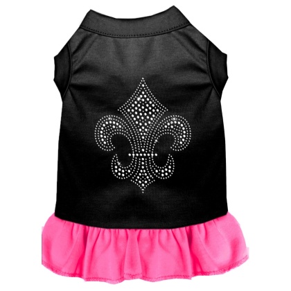 Silver Fleur de Lis Rhinestone Dress Black with Bright Pink Lg