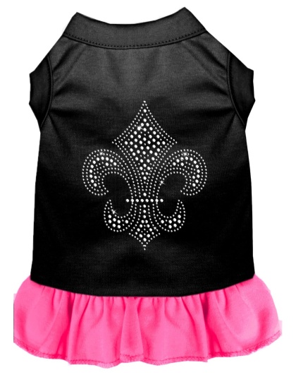 Silver Fleur de Lis Rhinestone Dress Black with Bright Pink Lg