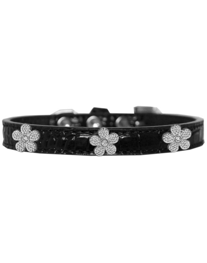 Silver Flower Widget Croc Dog Collar Black Size 10