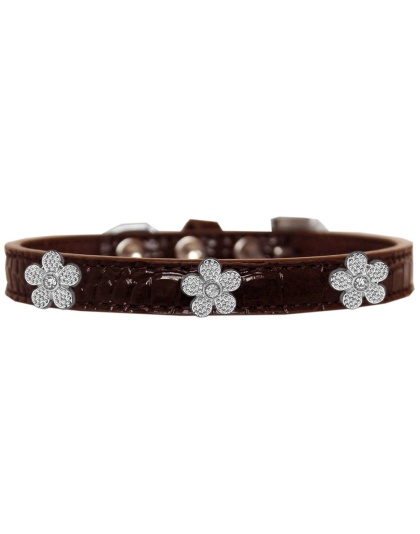 Silver Flower Widget Croc Dog Collar Chocolate Size 10