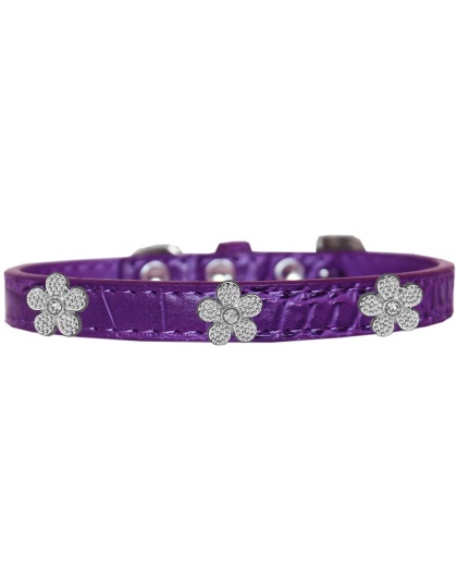 Silver Flower Widget Croc Dog Collar Purple Size 10