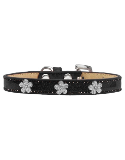 Silver Flower Widget Dog Collar Black Ice Cream Size 10