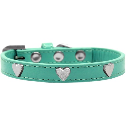 Silver Heart Widget Dog Collar Aqua Size 10