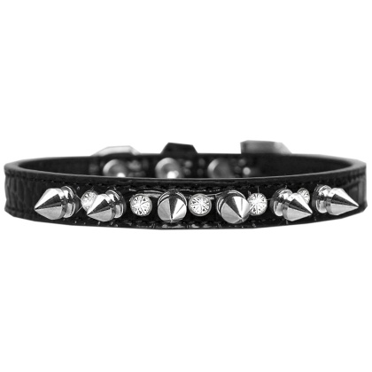 Silver Spike and Clear Jewel Croc Dog Collar Black Size 10