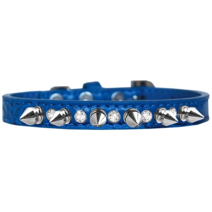Silver Spike and Clear Jewel Croc Dog Collar Blue Size 10