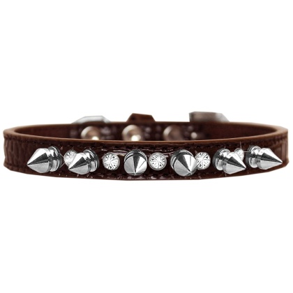 Silver Spike and Clear Jewel Croc Dog Collar Chocolate Size 10
