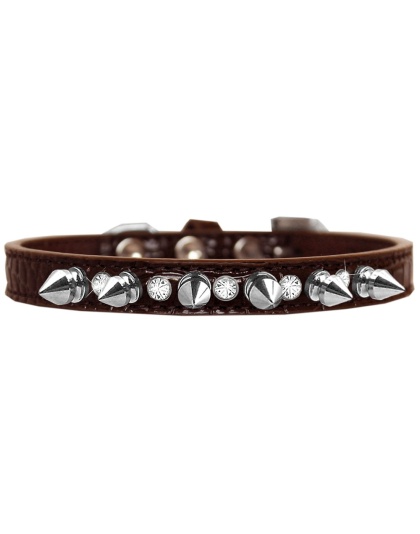 Silver Spike and Clear Jewel Croc Dog Collar Chocolate Size 10