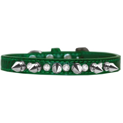Silver Spike and Clear Jewel Croc Dog Collar Emerald Green Size 10