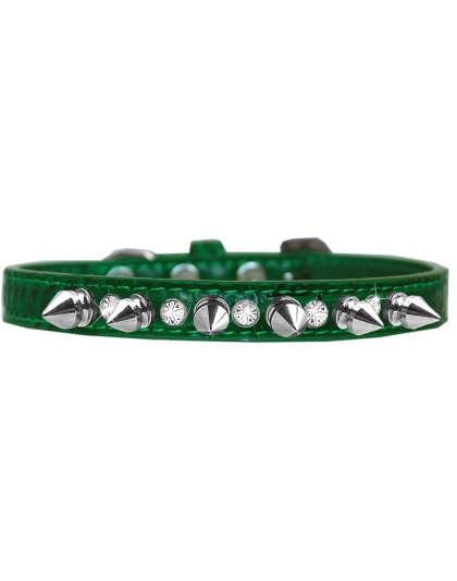 Silver Spike and Clear Jewel Croc Dog Collar Emerald Green Size 10