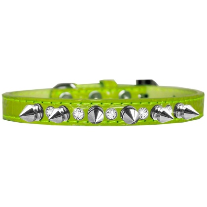 Silver Spike and Clear Jewel Croc Dog Collar Lime Green Size 10
