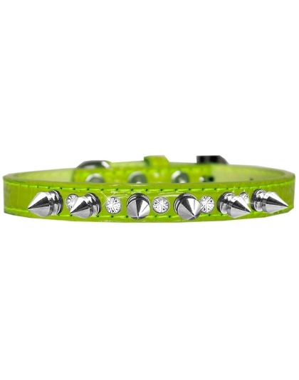 Silver Spike and Clear Jewel Croc Dog Collar Lime Green Size 10