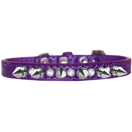 Silver Spike and Clear Jewel Croc Dog Collar Purple Size 10