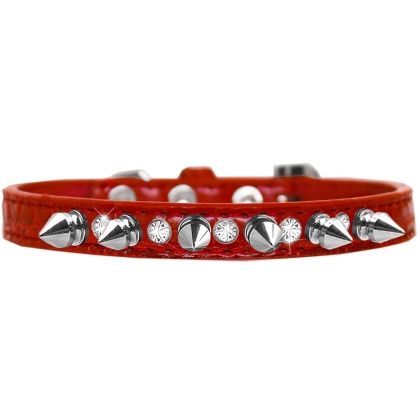 Silver Spike and Clear Jewel Croc Dog Collar Red Size 10