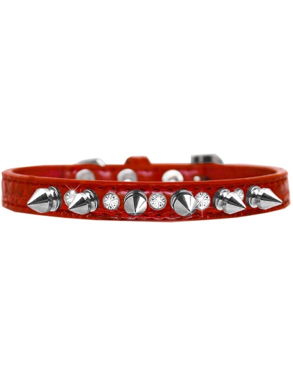 Silver Spike and Clear Jewel Croc Dog Collar Red Size 10