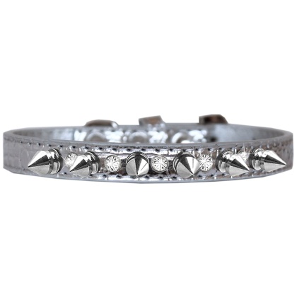 Silver Spike and Clear Jewel Croc Dog Collar Silver Size 10