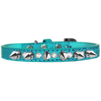 Silver Spike and Clear Jewel Croc Dog Collar Turquoise Size 10