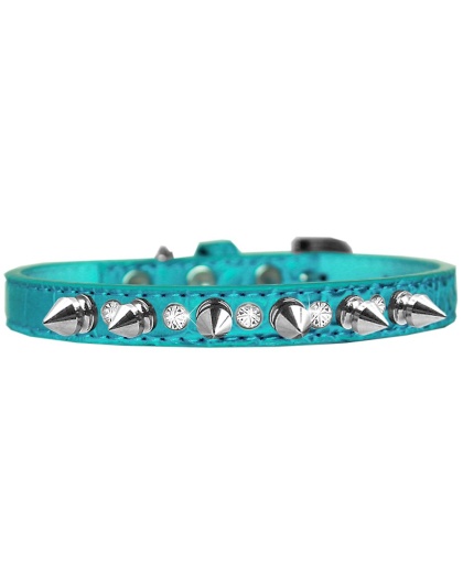 Silver Spike and Clear Jewel Croc Dog Collar Turquoise Size 10