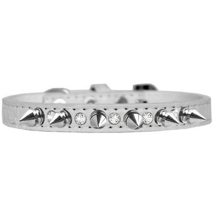 Silver Spike and Clear Jewel Croc Dog Collar White Size 10