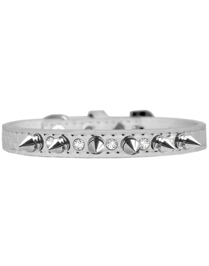 Silver Spike and Clear Jewel Croc Dog Collar White Size 10