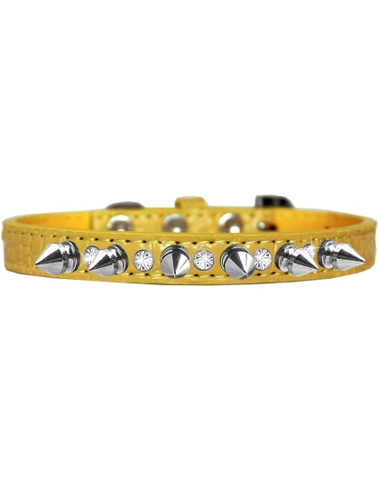 Silver Spike and Clear Jewel Croc Dog Collar Yellow Size 10