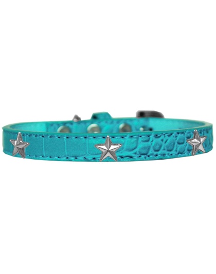 Silver Star Widget Croc Dog Collar Turquoise Size 10