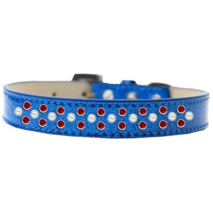 Sprinkles Ice Cream Dog Collar Pearl and Red Crystals Size 12 Blue