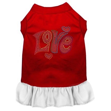 Technicolor Love Rhinestone Pet Dress Red with White Lg