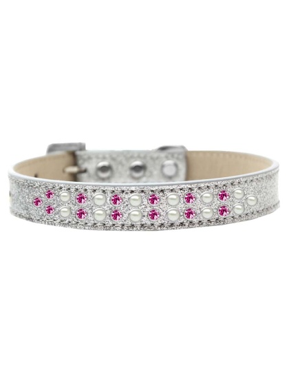 Two Row Pearl and Pink Crystal Size 12 Silver Ice Cream Dog Collar