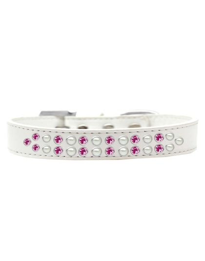 Two Row Pearl and Pink Crystal Size 12 White Dog Collar