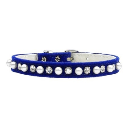 Velvet 3/8" Pearl and Clear Crystals Collar Blue 10