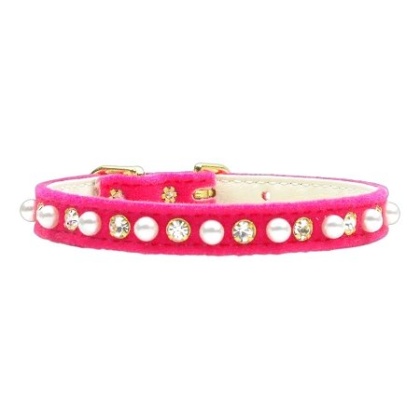 Velvet 3/8" Pearl and Clear Crystals Collar Pink 10