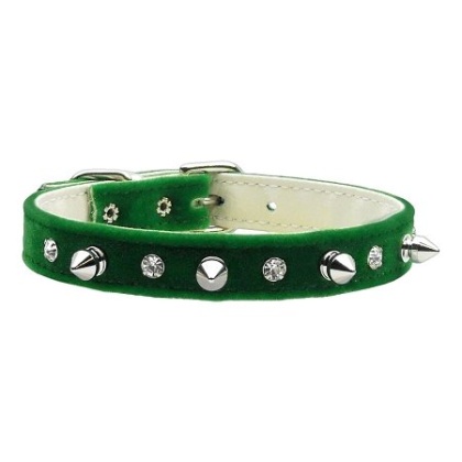 Velvet Crystal and Spike Collars Green 10