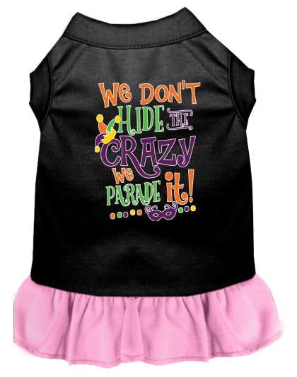We Don't Hide the Crazy Screen Print Mardi Gras Dog Dress Black with Light Pink Lg