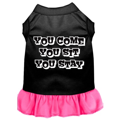 You Come, You Sit, You Stay Screen Print Dress Black with Bright Pink Lg